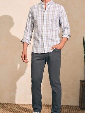 Faherty Movement Sport Shirt Grey Cream Plaid Men's Small